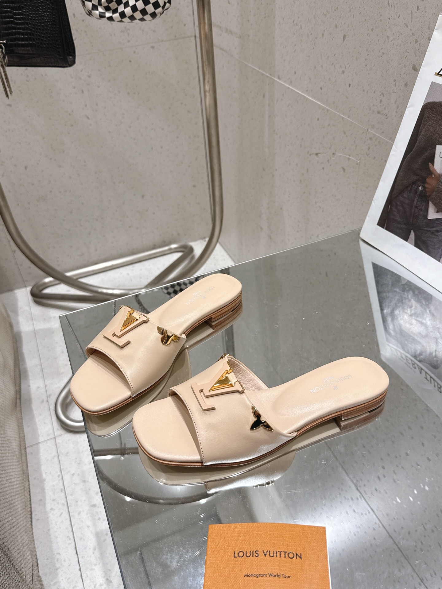 Louis-Vuitton-LV-Mare-Flat-Mule-Slides-Sandals-Beige-Calfskin-Leather-35To42