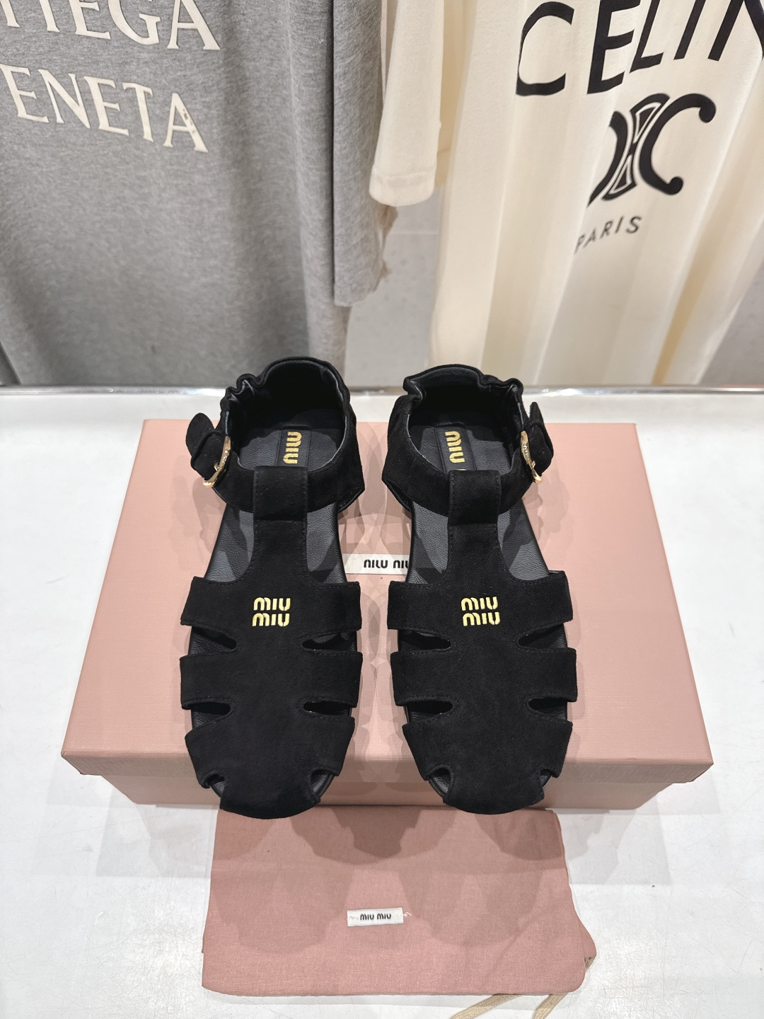 Miu-Miu-Fisherman-Buckle-Ruches-Suede-Leather-Samdals-Black-35To41