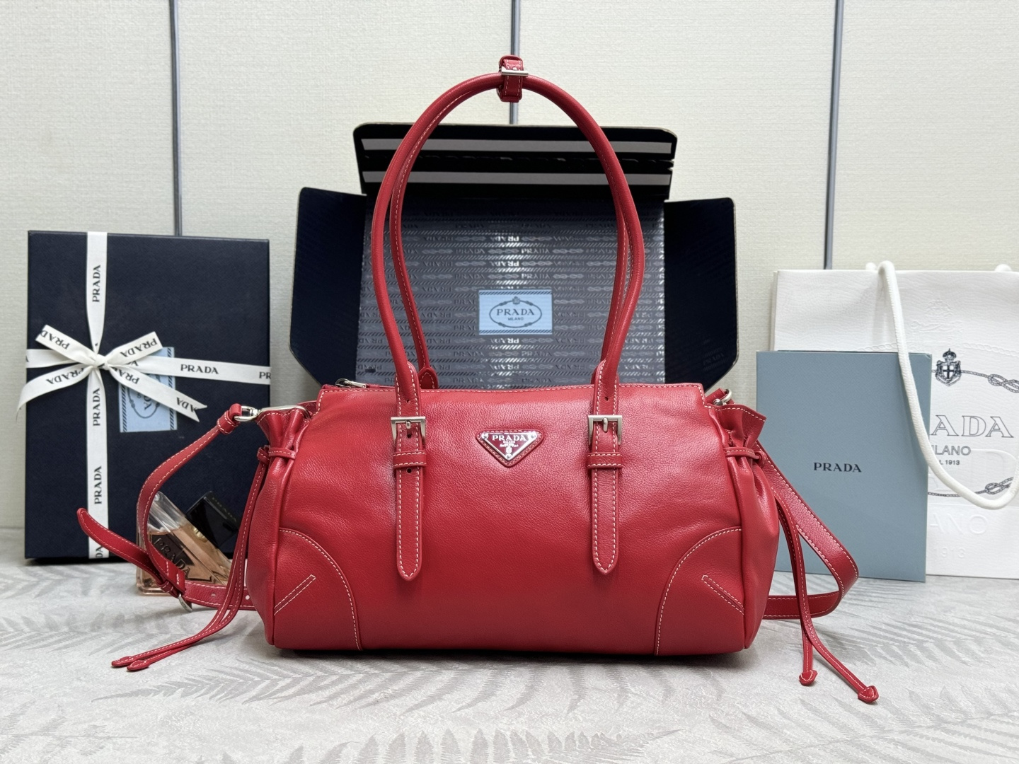 Prada-Medium-Bonnie-Antiqued-Leather-Tote-Bag-Red-1BG628-32x11x17CM