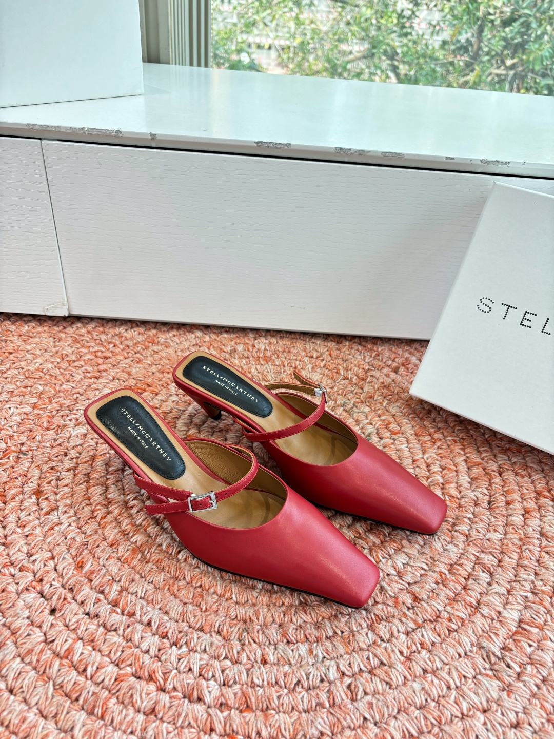 Stella-McCartney-Square-Toe-Heeled-Mules-Red-Calfskin-Leather-50MM-35To40