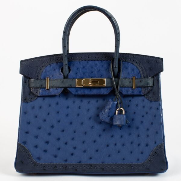 Hermès Birkin 30 Ghillies Bleu Saphir/Bleu Iris/Bleu de Malte Ostrich PBHW