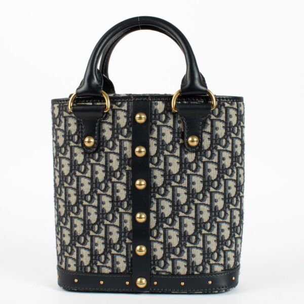 Authentic pre-loved Christian Dior Navy Blue Oblique Canvas Small Tote Bag on Replica Shoes 