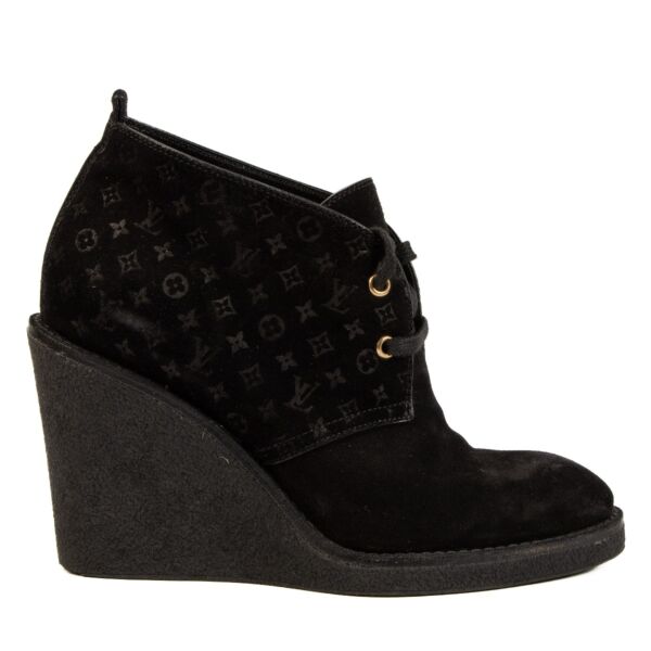 Louis Vuitton Black Monogram Suede Wedge Boots