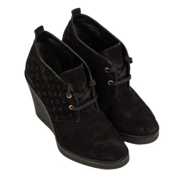 Louis Vuitton Black Monogram Suede Wedge Boots - Size 39