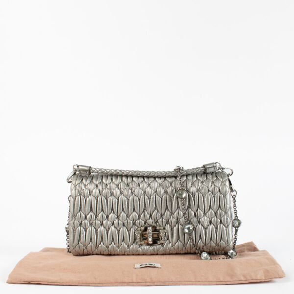 Miu Miu Silver Nappa Leather Miu Crystal Cloqué Bag