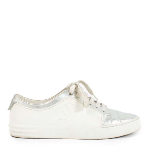 Chanel 17P White Rubber/Silver Leather CC Lace Up Sneakers