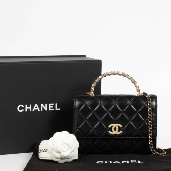 Chanel Black Lambskin Pearl Top Handle Clutch With Chain