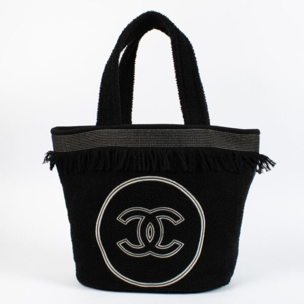 Authentic pre-loved Chanel Black CC Beach Bag with Pouch and Towel on Replica Shoes 
