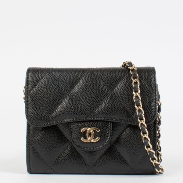 Authentic preloved Chanel Black Caviar Classic Card Holder with Chain on Replica Shoes 
