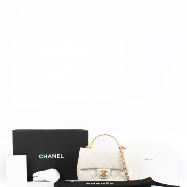 Chanel Off White Shiny Lambskin Gold Links Mini Top Handle Flap Bag