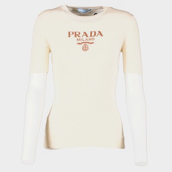 Prada Ivory Silk Crew-Neck Sweater With Logo - Size IT40