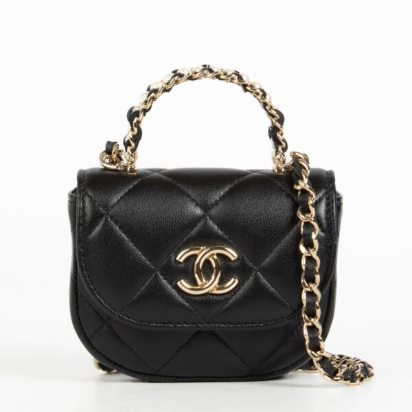 Authentic pre-loved Chanel Black Lambskin Pearl Top Handle Clutch with Chain on Replica Shoes 