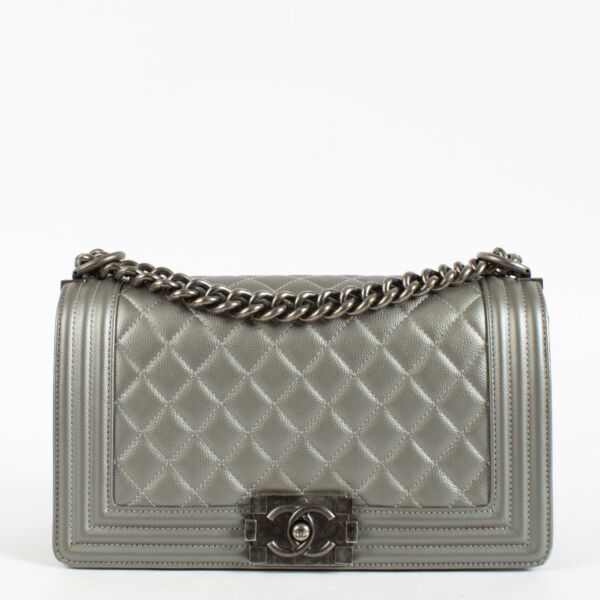 Chanel Silver Medium Boy Bag with quilted leather and aged hardware at Replica Shoes 