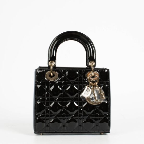 Authentic pre-loved Christian Dior Black Patent Leather Small Lady Dior Bag on Replica Shoes