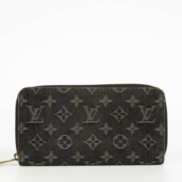 Authentic pre-loved Louis Vuitton Black Monogram Denim Zippy Wallet on Replica Shoes 